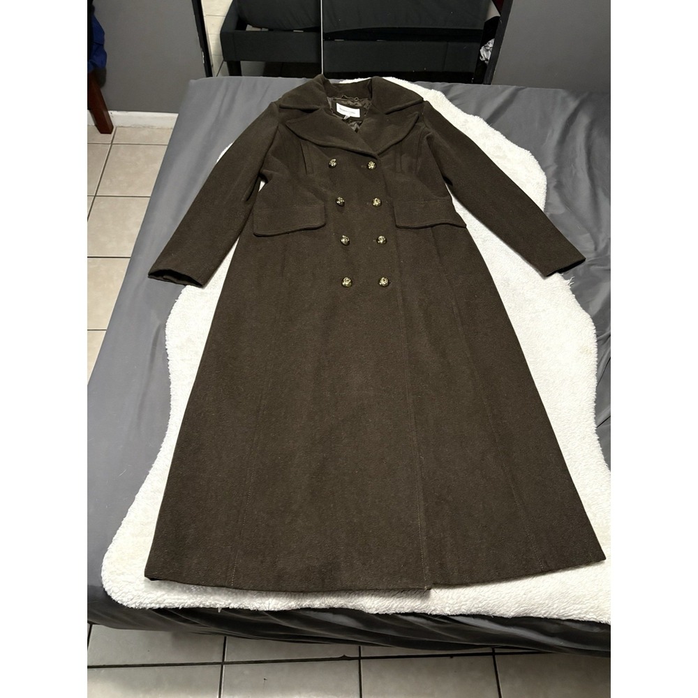 BCBG Generation Women's Green Military Trench Coat Size Large Wool Blend Gold‎